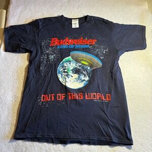 Vintage 1997 Budweiser Out Of This World Alien UFO T-Shirt Mens Large Navy Blue